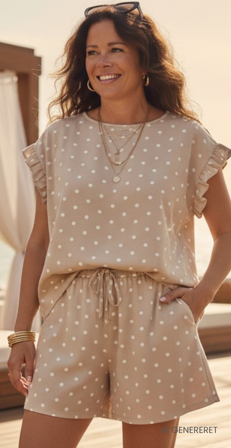 Forudbestil uge 29/30 Sofia sæt bluse og shorts med prikker beige LikeLondon