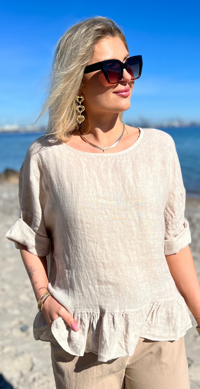 Freja hørbluse med peplum beige LikeLondon