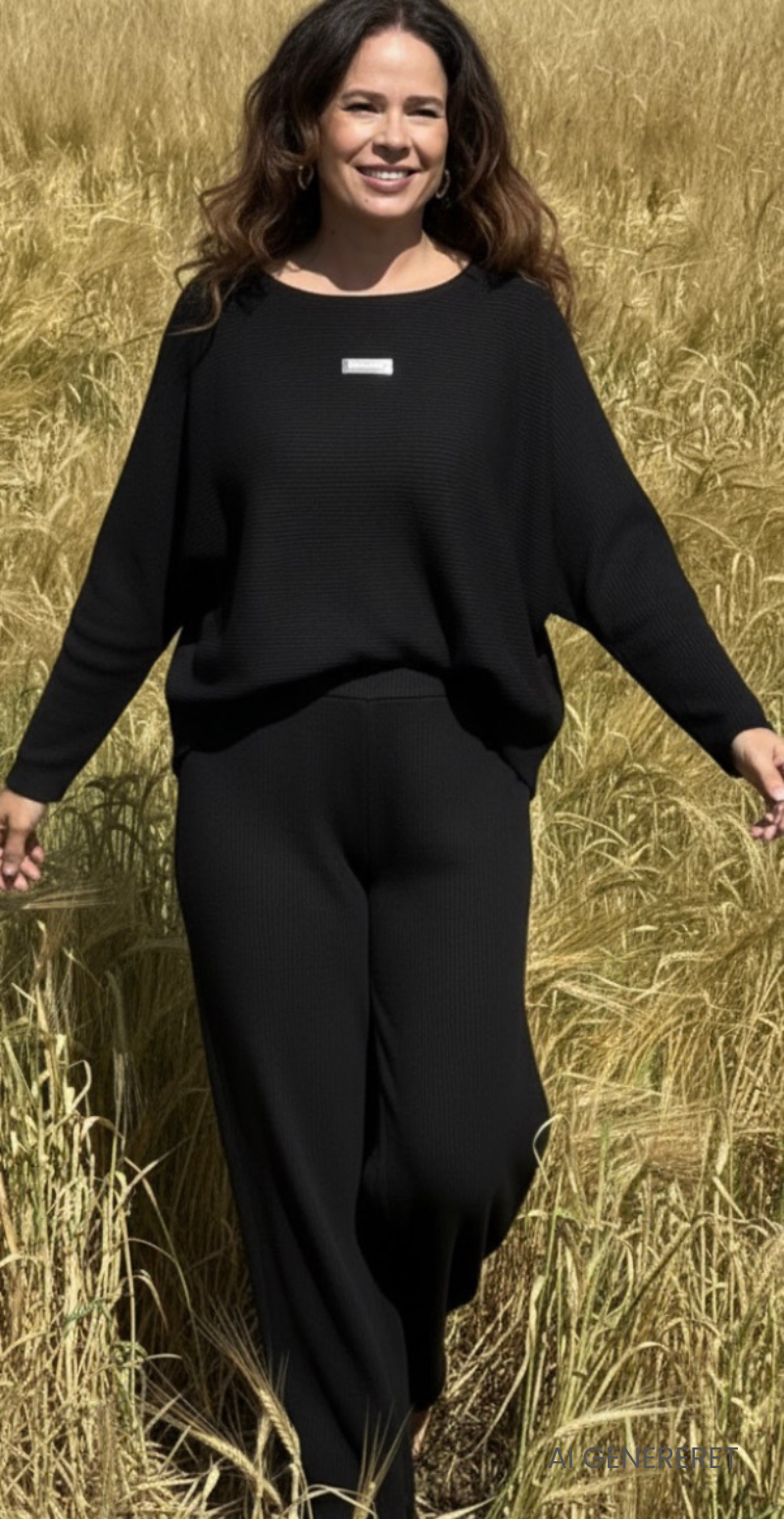 Tessie sæt med struktur og logo fortil bluse og bukser sort LikeLondon