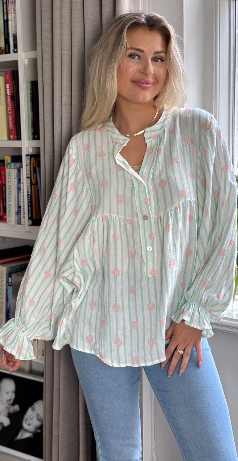 Winnie bluse med striber og blomster mint LikeLondon