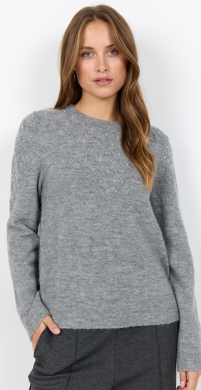 Nessie uldbluse med perler og rhomber grå Soyaconcept