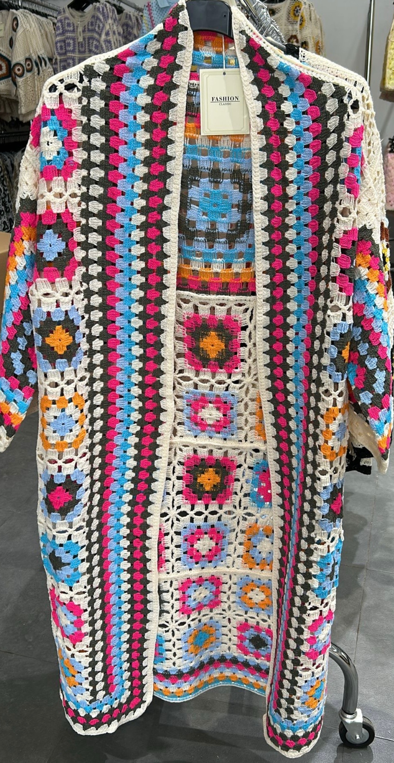 Libba lang cardigan med hæklet mønster pink/orange LikeLondon