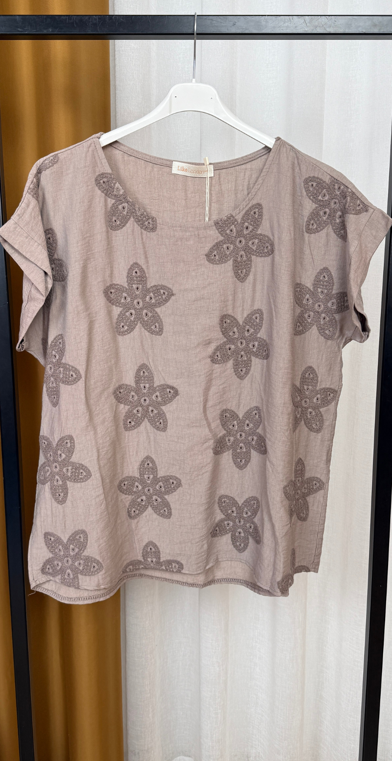 Zrita bluse med korte ærmer og hæklede blomster fango LikeLondon