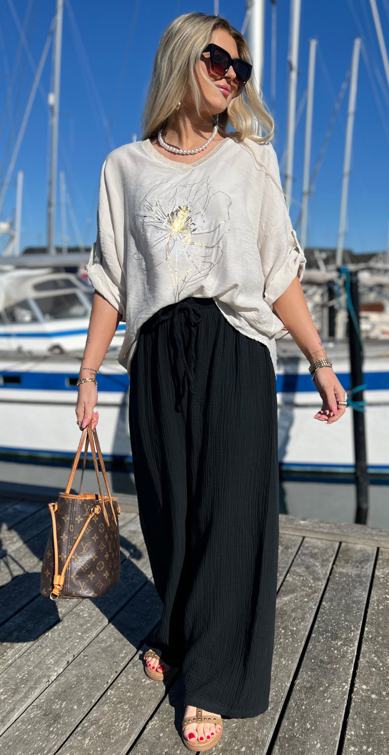 Katinka bluse med v-hals og blomstermotiv beige LikeLondon