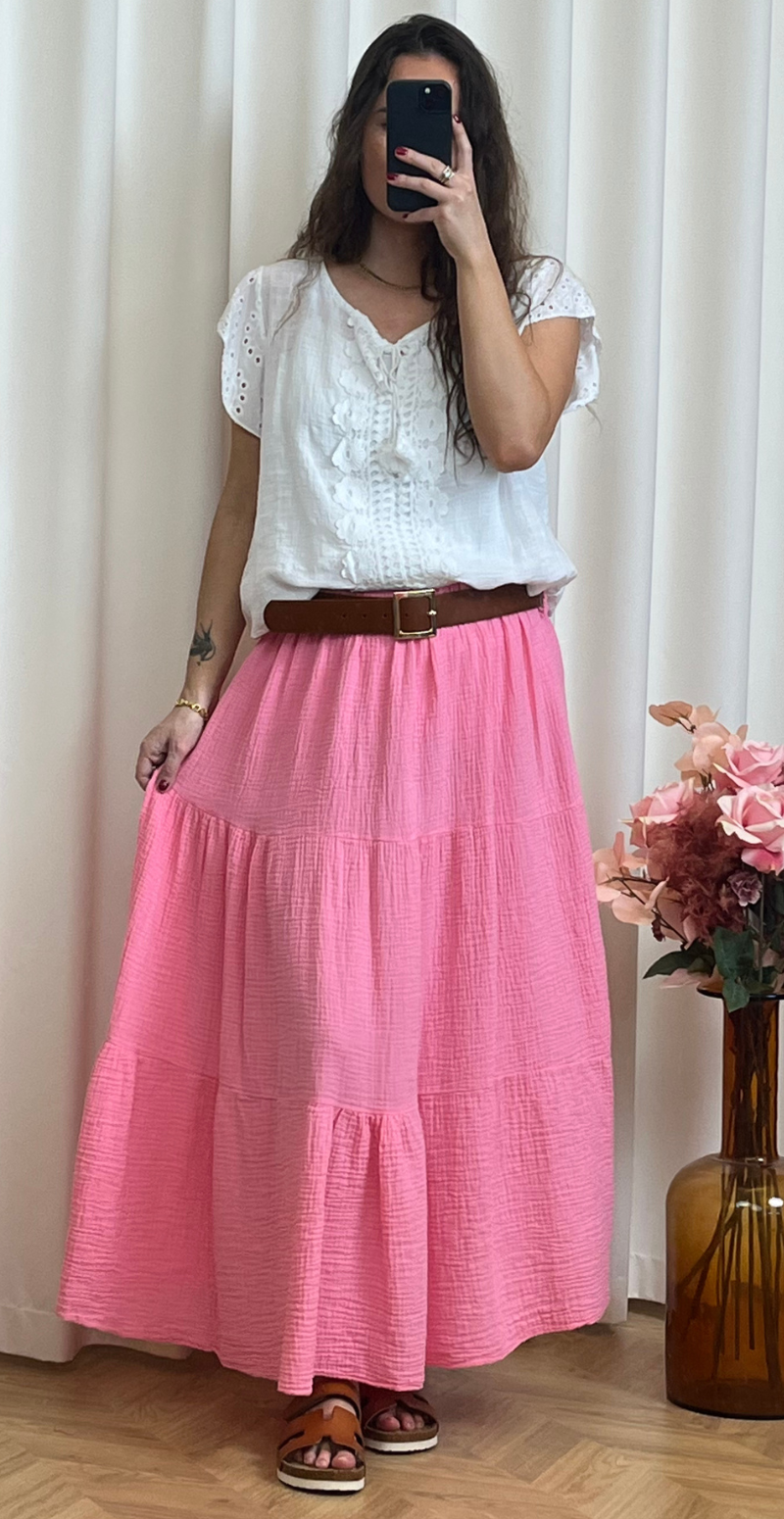 Miranda nederdel i bomuld med elastik i taljen pink LikeLondon