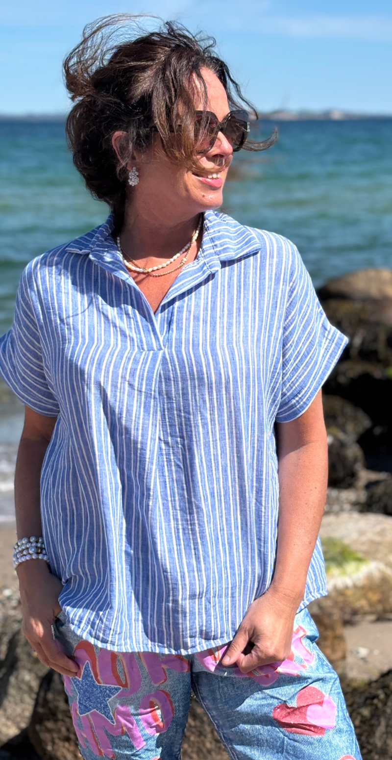 Serine bluse med striber og skjortekrave denim LikeLondon
