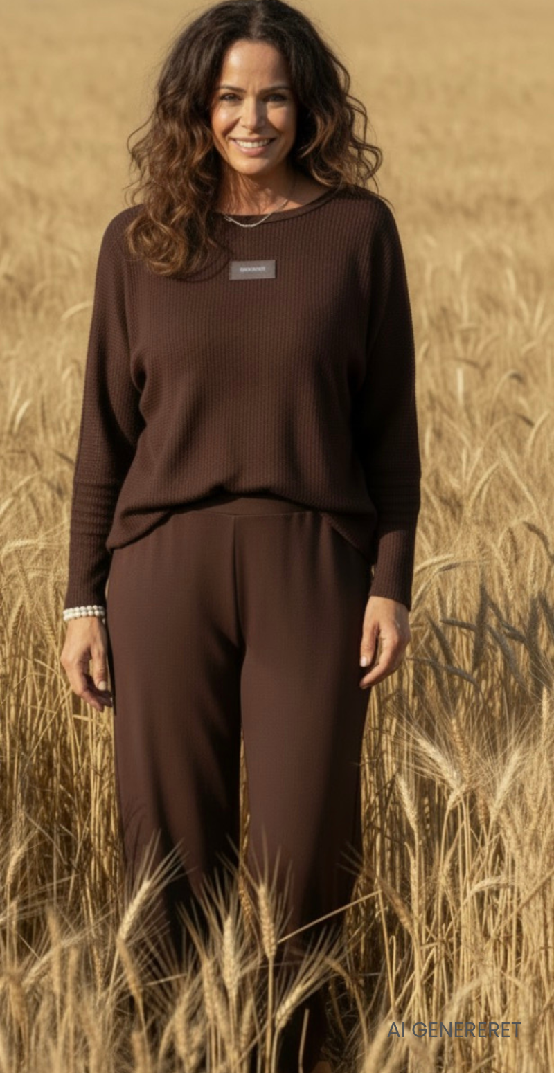 Tessie sæt med struktur og logo fortil bluse og bukser brun LikeLondon