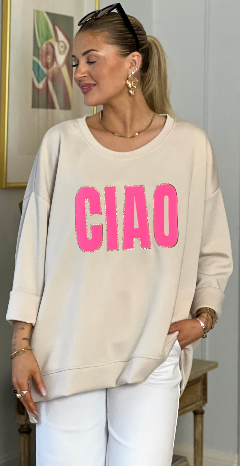 Wanda sweatshirt med rund hals og "ciao" beige LikeLondon