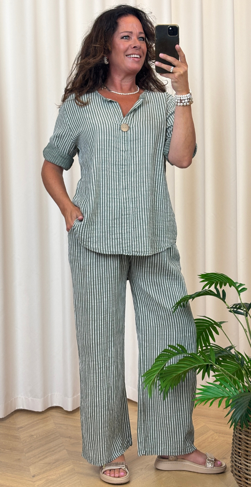 Vibe bluse med striber og træknap khaki LikeLondon