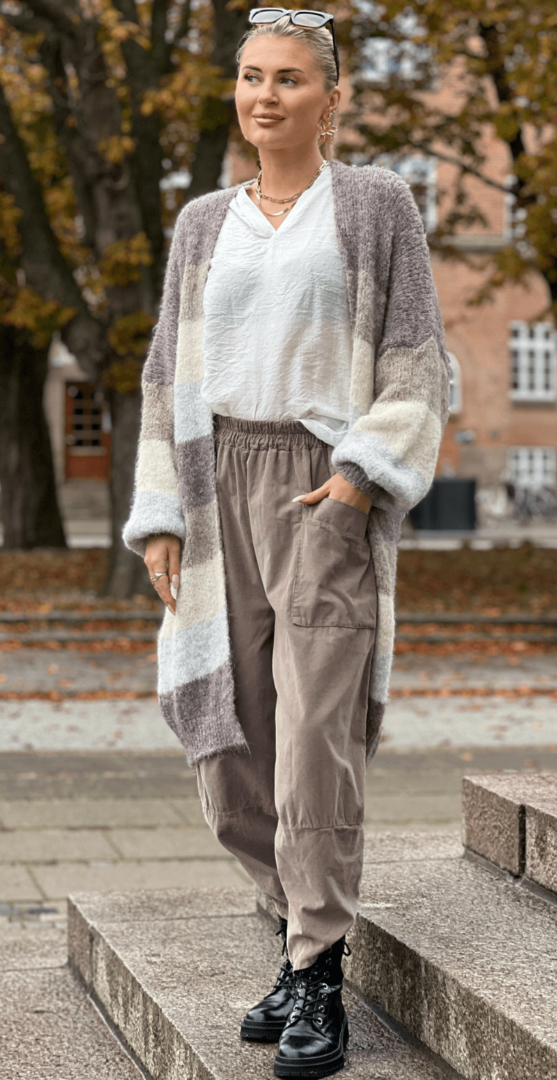 Rita uldcardigan med striber og ribkant fango LikeLondon