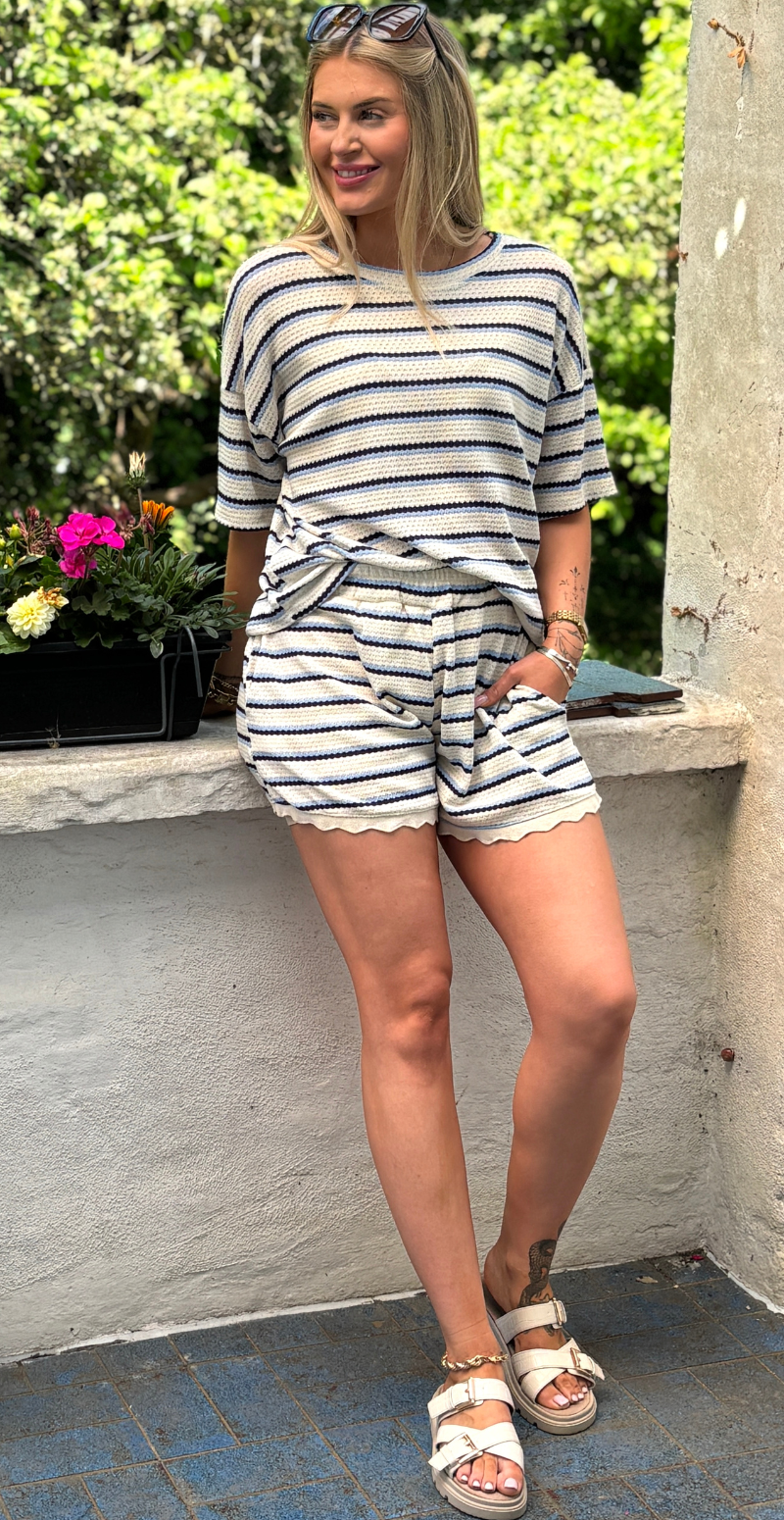 Fanny hæklet shorts med striber og skrålommer blå LikeLondon