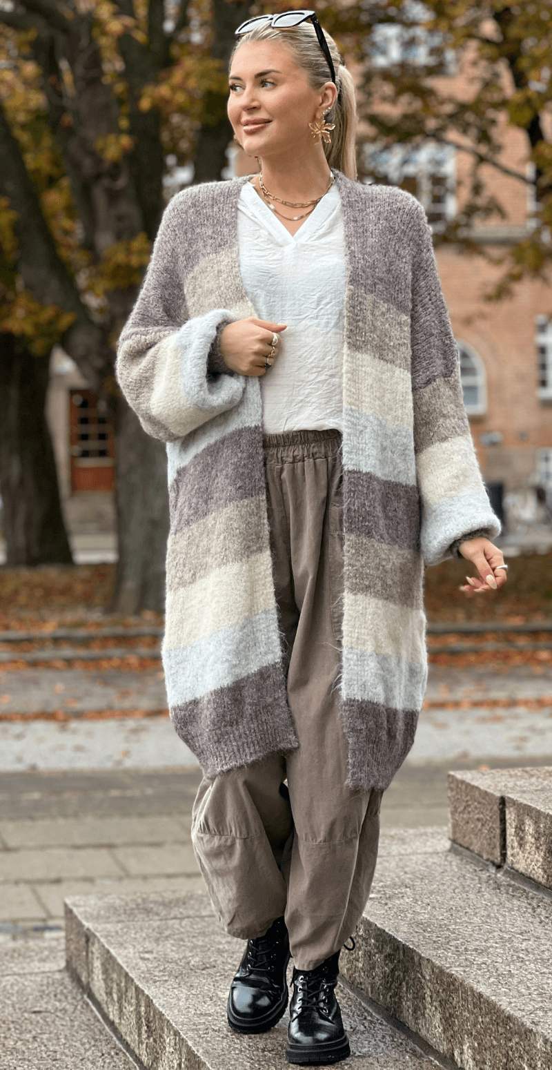 Rita uldcardigan med striber og ribkant fango LikeLondon