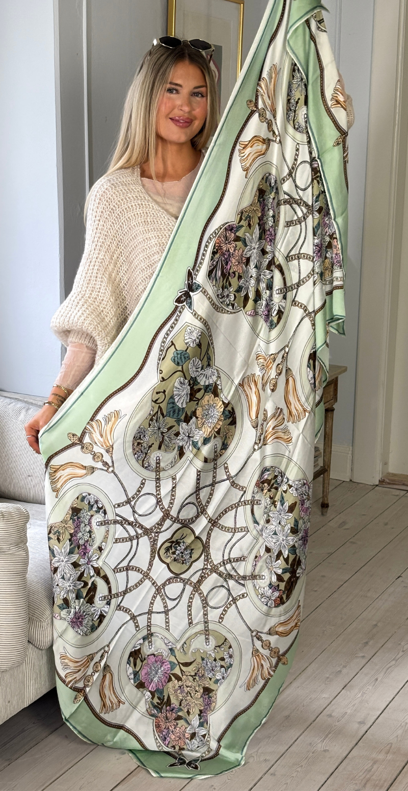 Tørklæde med blomster mønster og blade mint LikeLondon