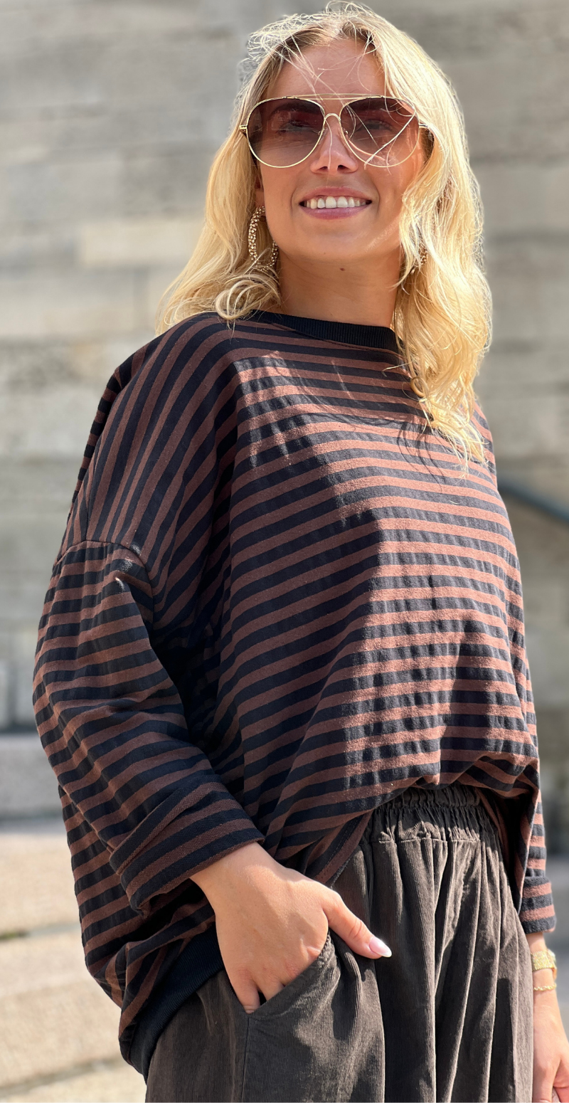Forudbestil uge 34 Zenia bluse med lange ærmer og striber old brown/sort LikeLondon