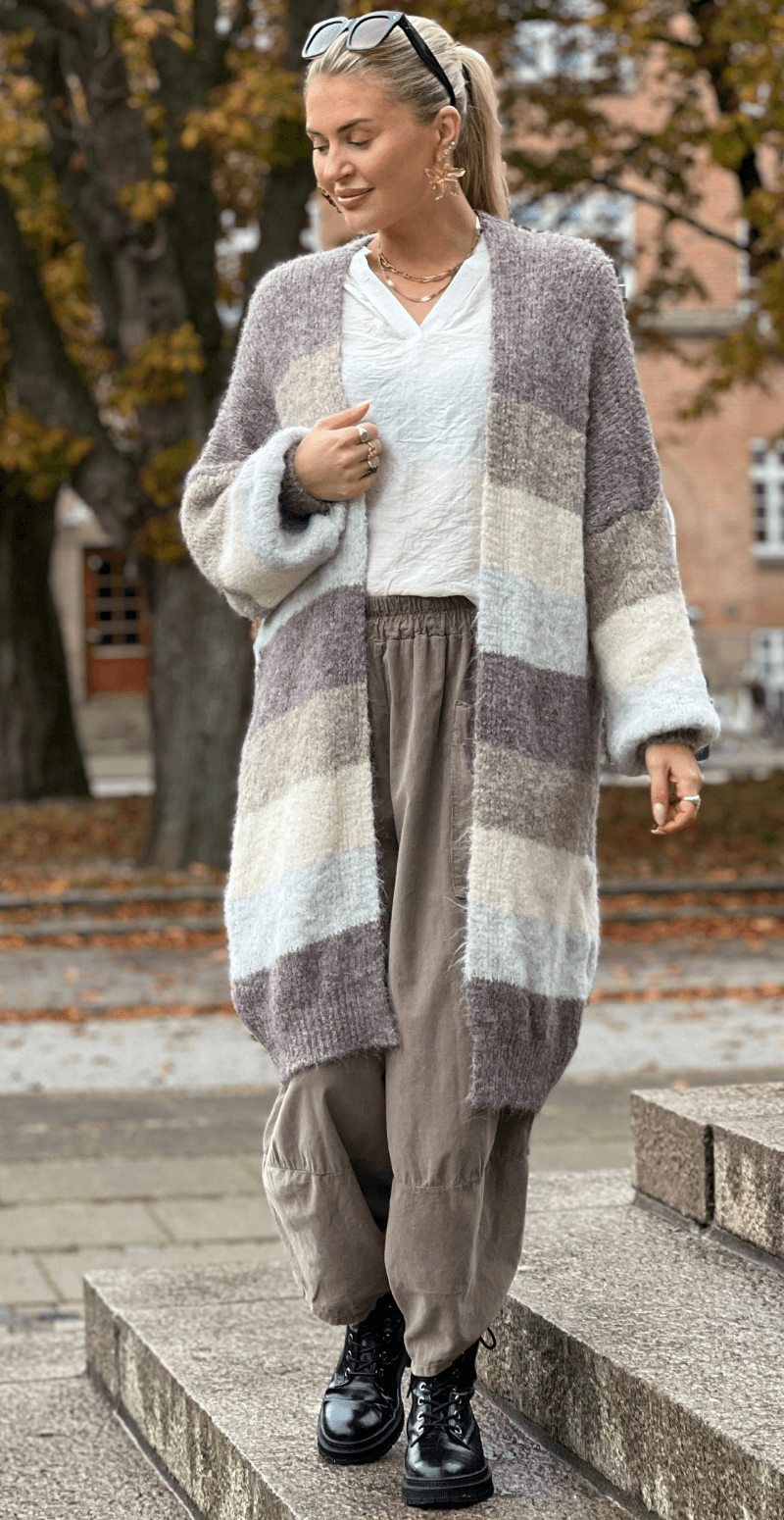 Rita uldcardigan med striber og ribkant fango LikeLondon