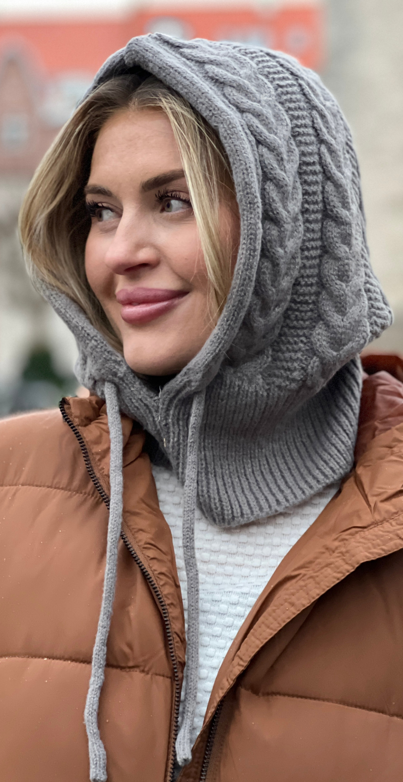 Kabelstrikket balaclava i uld grå LikeLondon