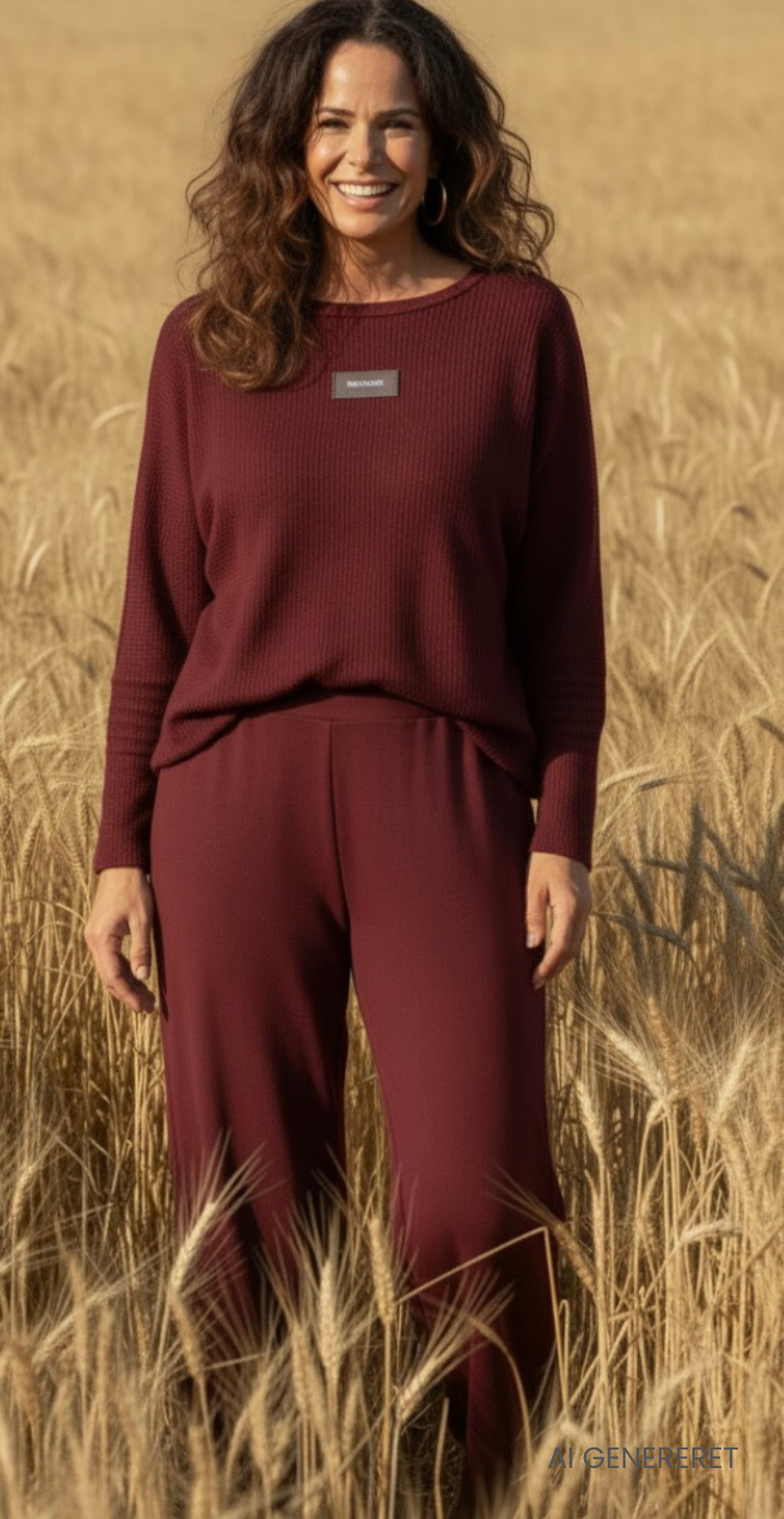 Tessie sæt med struktur og logo fortil bluse og bukser wine LikeLondon