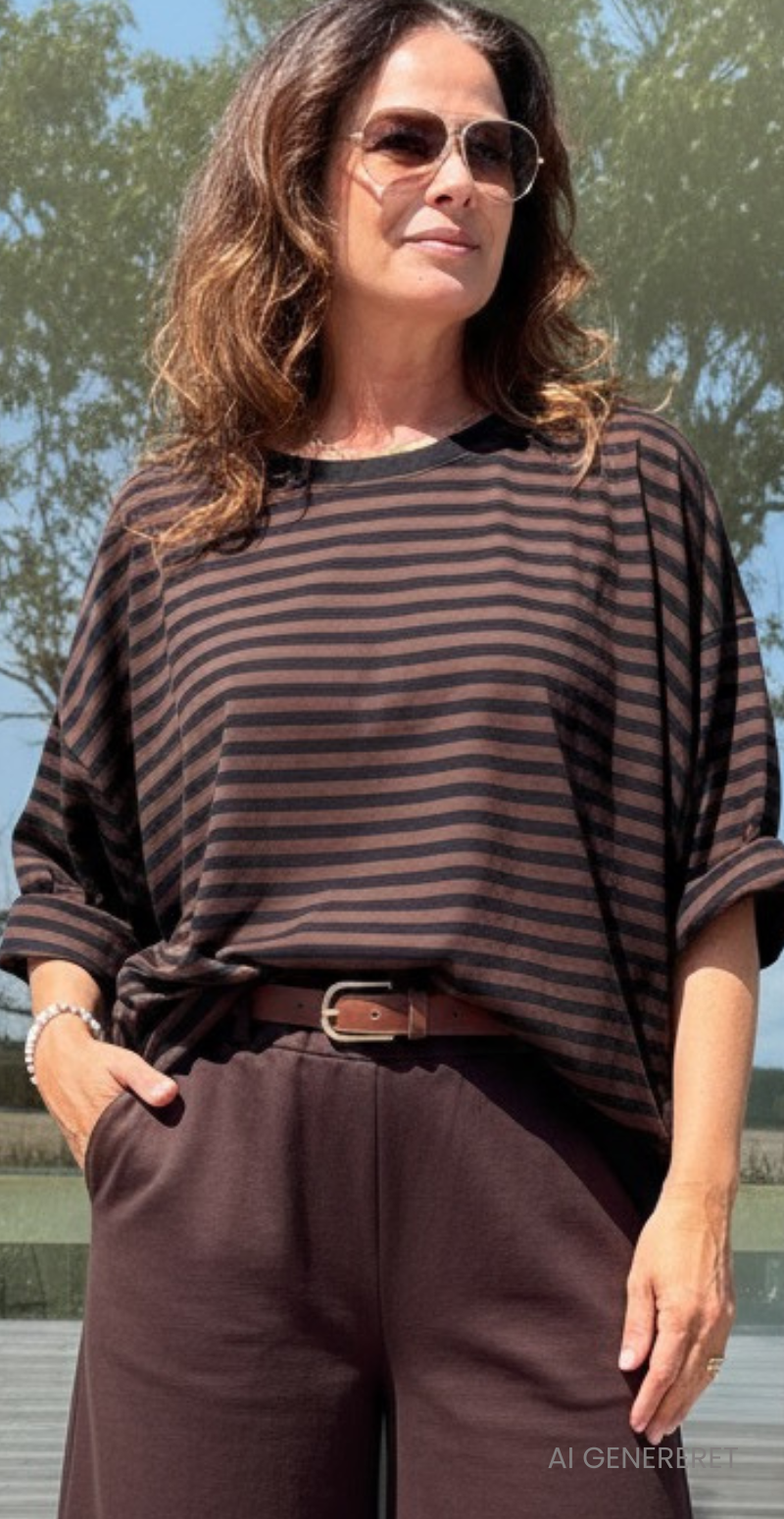Zenia bluse med lange ærmer og striber old brown/sort LikeLondon