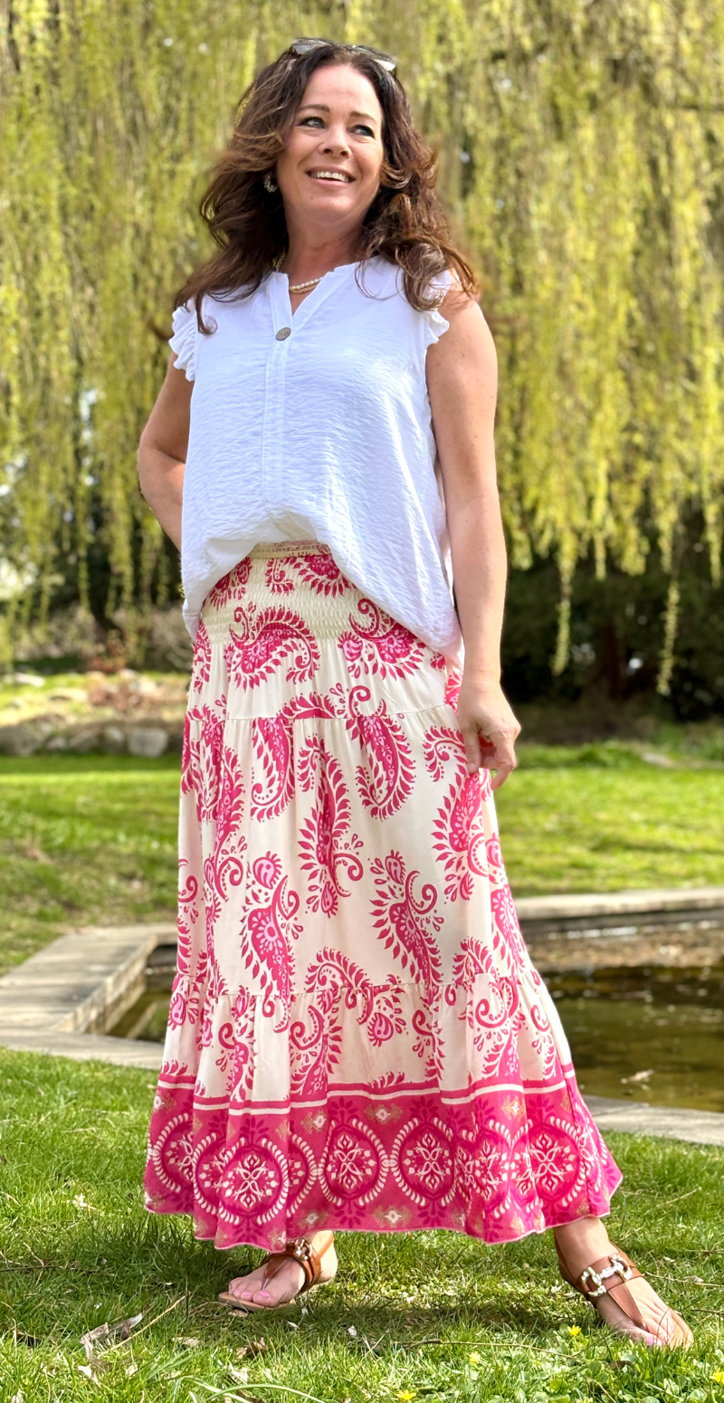 Jackie nederdel med paisley print pink LikeLondon