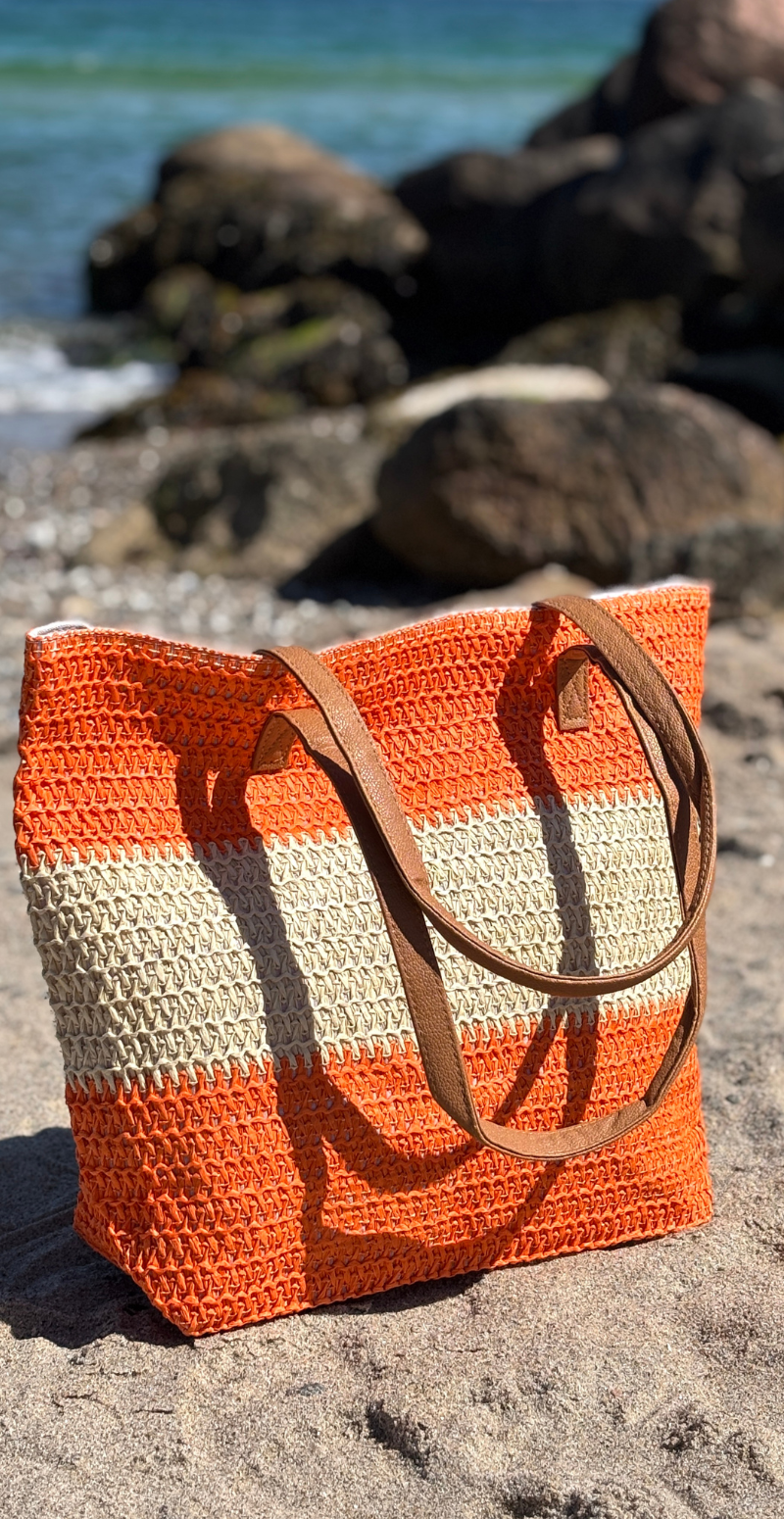 Flettaske med brede striber og lynlås orange LikeLondon