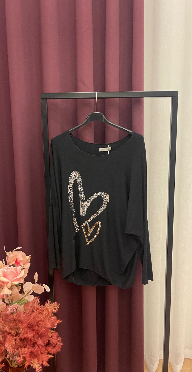 Madelene bluse med paillet hjerter sort LikeLondon