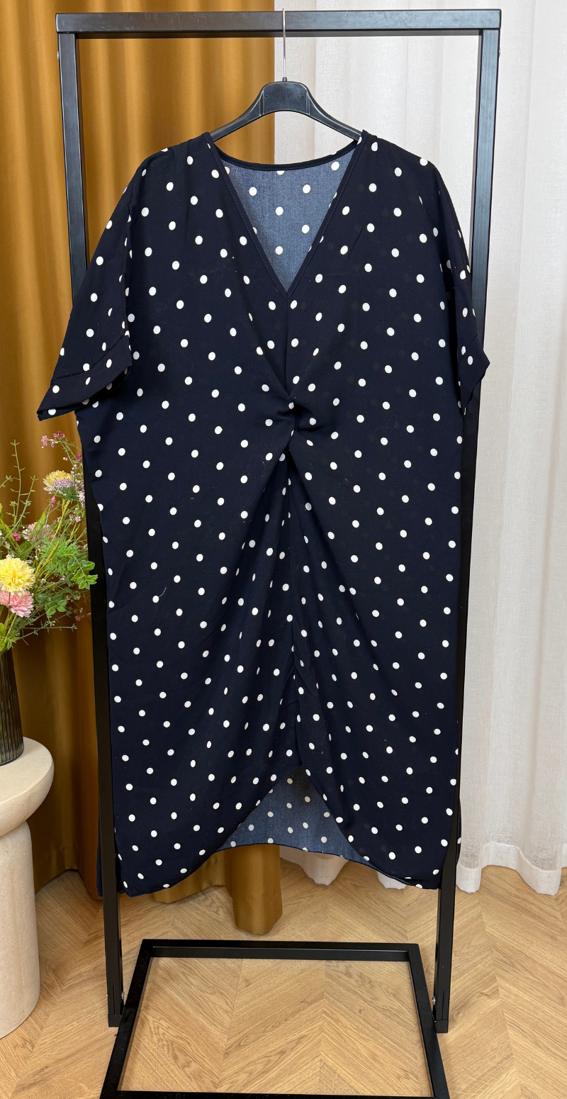 Annie kjole med knudedetalje og polkaprikker navy LikeLondon