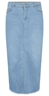 Lysblå denim nederdel med høj talje og slids foran - forfra 
