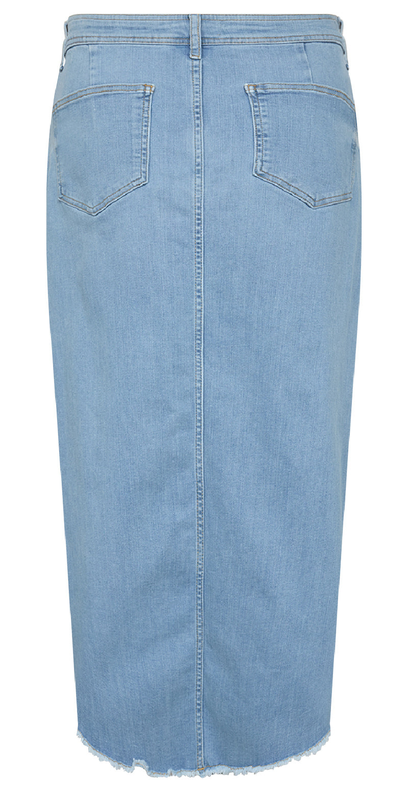Lysblå denim nederdel med høj talje og slids foran - bagfra
