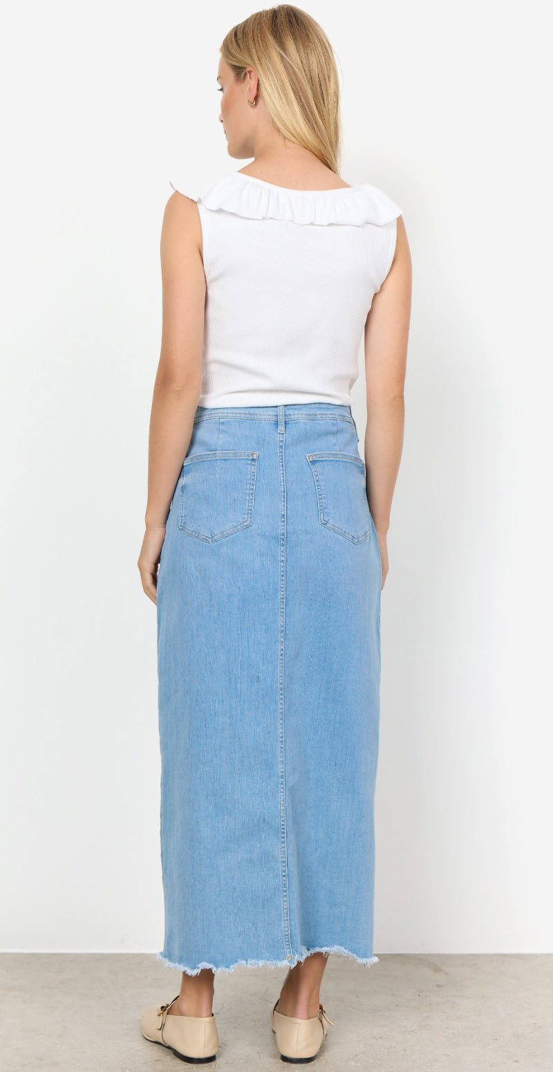 Lysblå denim nederdel med høj talje og slids foran modelbillede bagfra