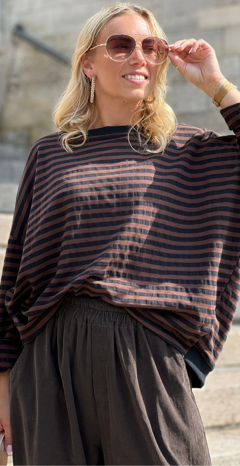 Zenia bluse med lange ærmer og striber old brown/sort LikeLondon