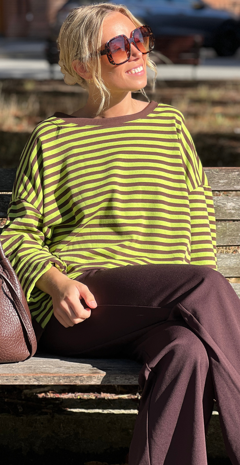 Zenia bluse med lange ærmer og striber old brown/pistachio LikeLondon