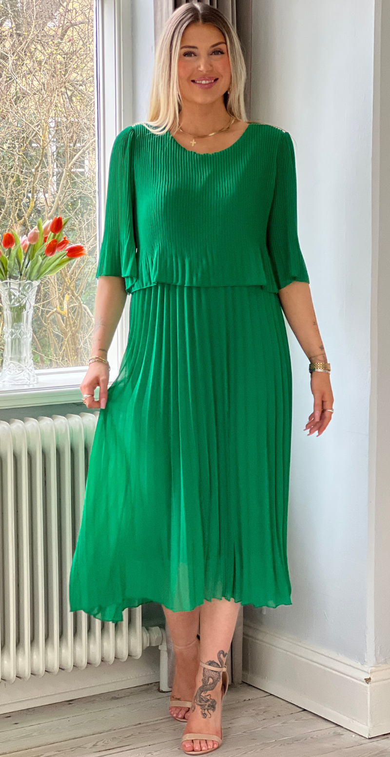Forudbestil uge 15 Carmen plisseret kjole med elastik i taljen grøn LikeLondonf