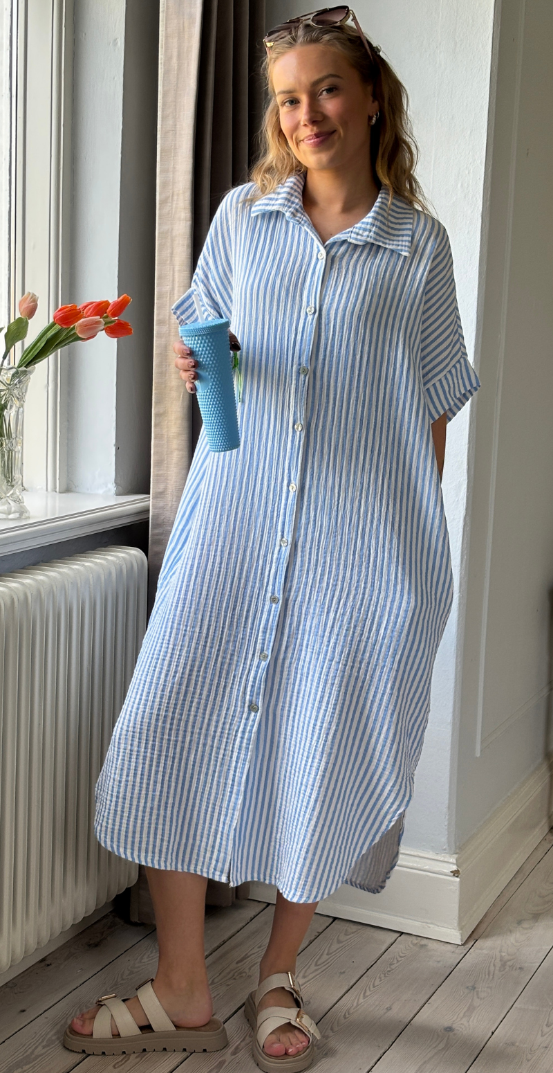 Ilia gennemknappet og stribet kjole i musselin celeste LikeLondon