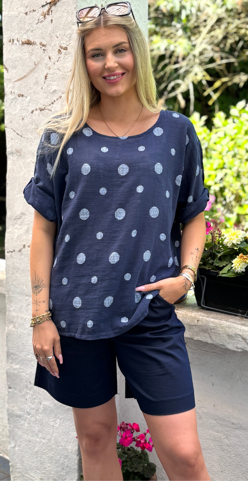 Blair bluse med 3/4 ærme og prikker navy LikeLondon