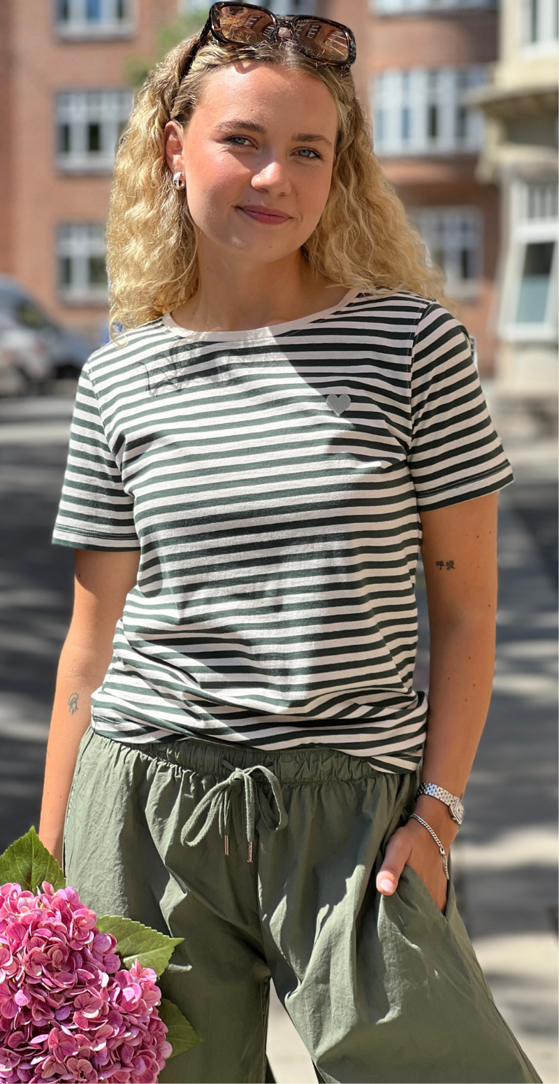 Mian bluse med striber moonbeam w. deep forest Freequent