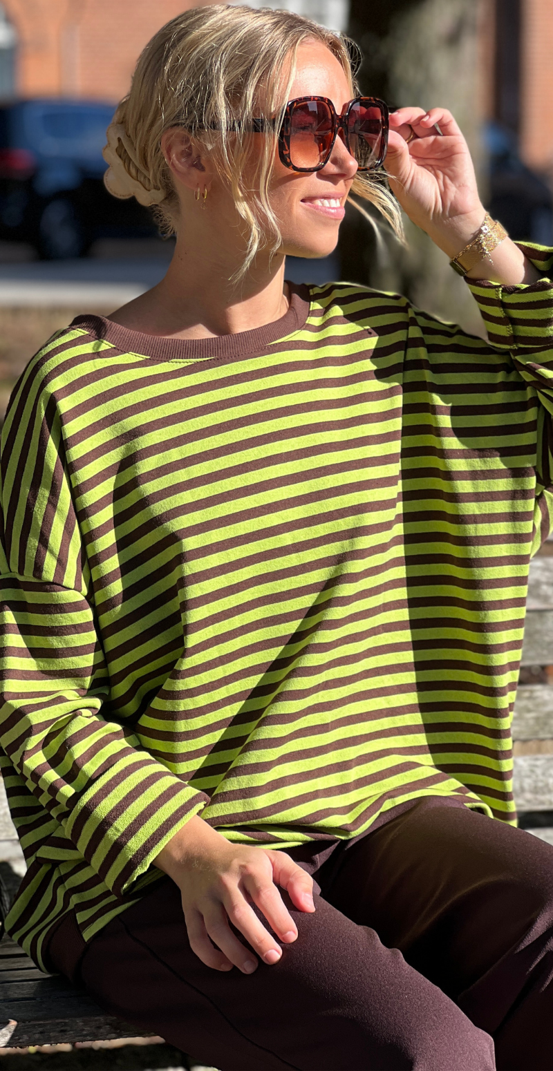 Zenia bluse med lange ærmer og striber old brown/pistachio LikeLondon