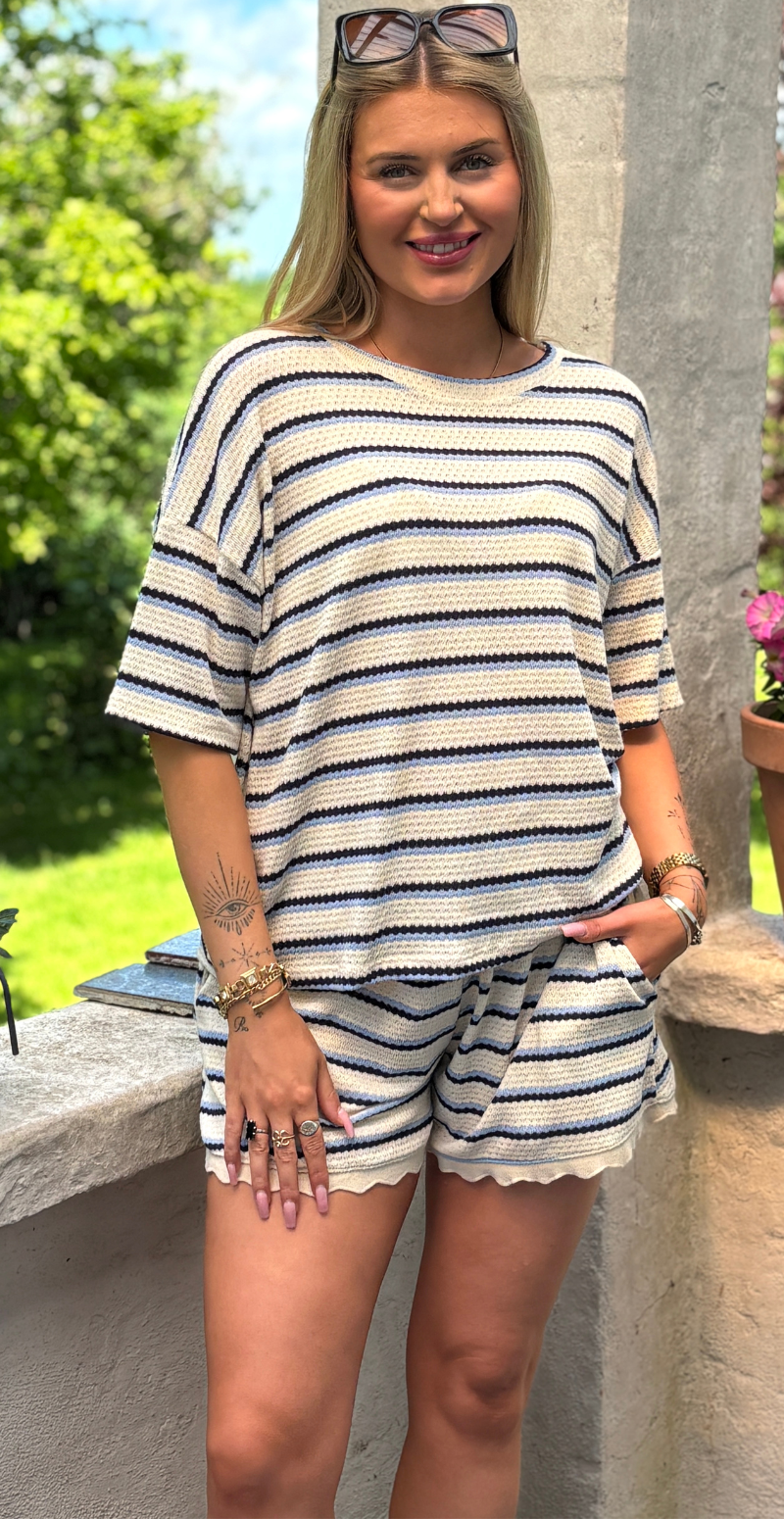 Fanny hæklet shorts med striber og skrålommer blå LikeLondon
