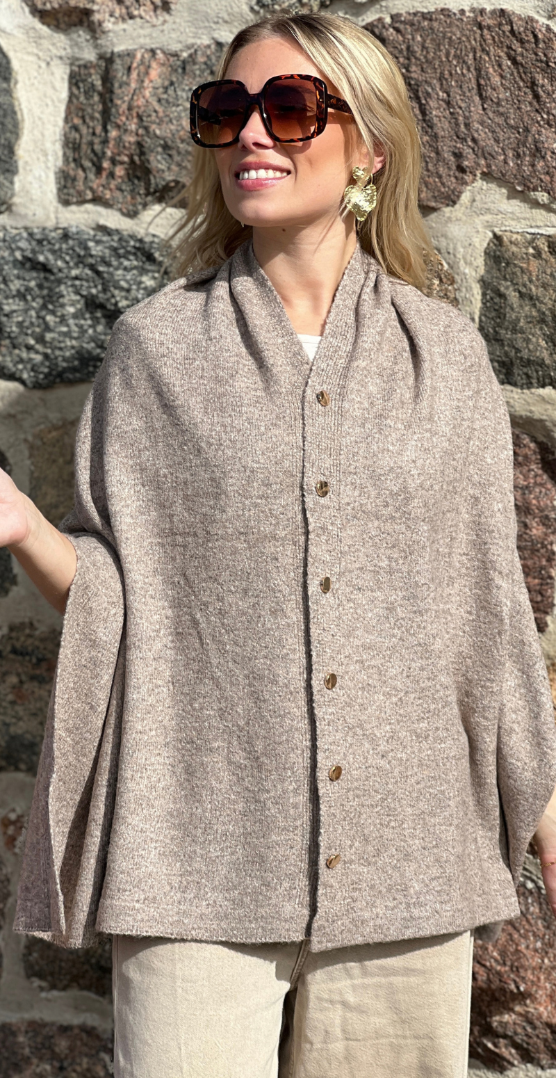 Uldponcho med guldknapper taupe LikeLondon