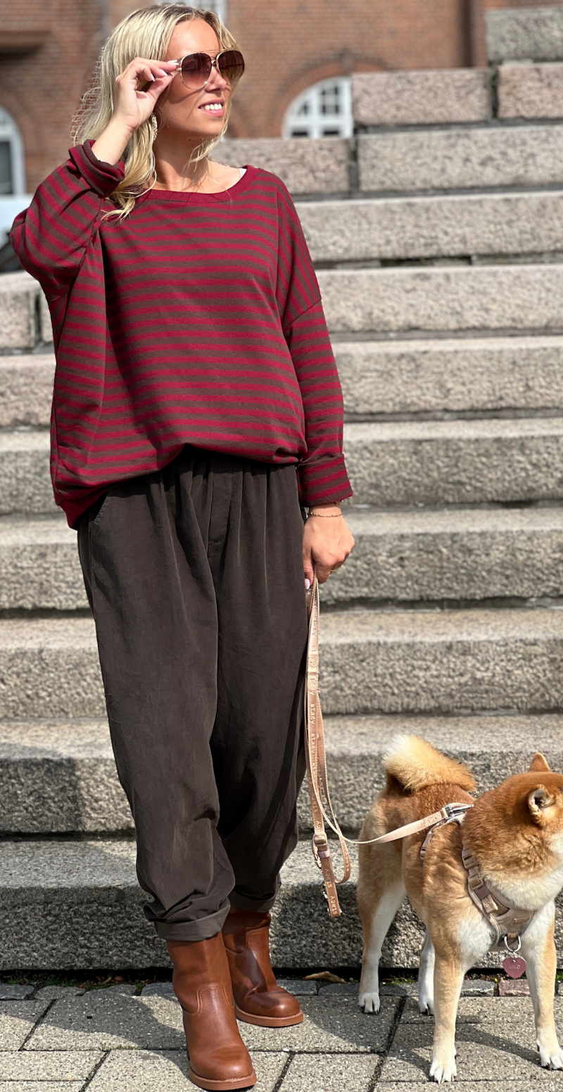 Zenia bluse med lange ærmer og striber old brown/wine red LikeLondon