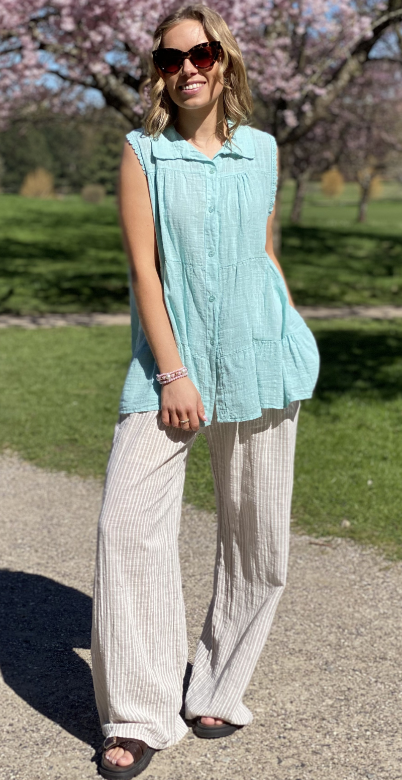 Rinda bluse uden ærmer med peplum og hæklede detaljer mint LikeLondon