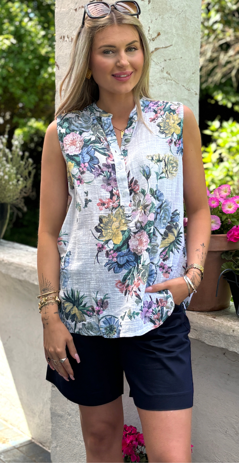 Dorota top med farverige blomster hvid LikeLondon
