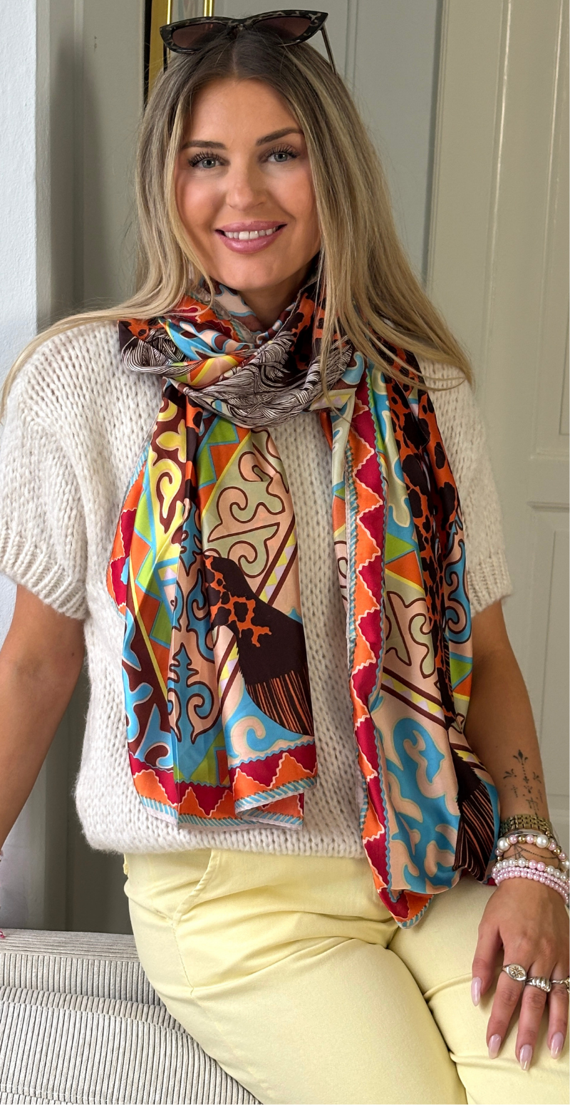 Tørklæde i silk-look med motiv af hest orange/brun LikeLondon