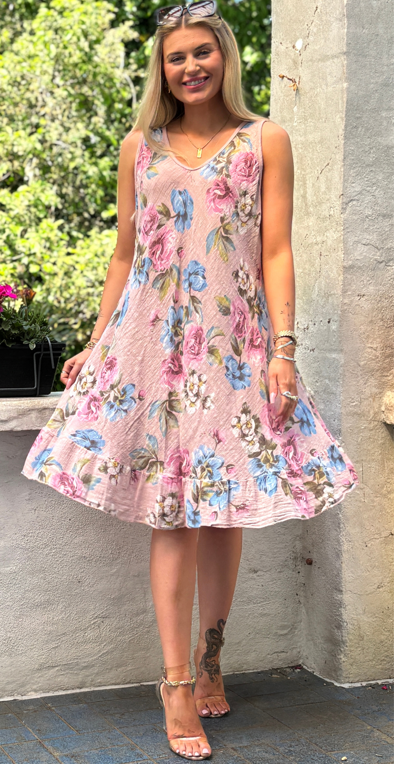 Iben kjole med blomsterprint og peplum rosa LikeLondon