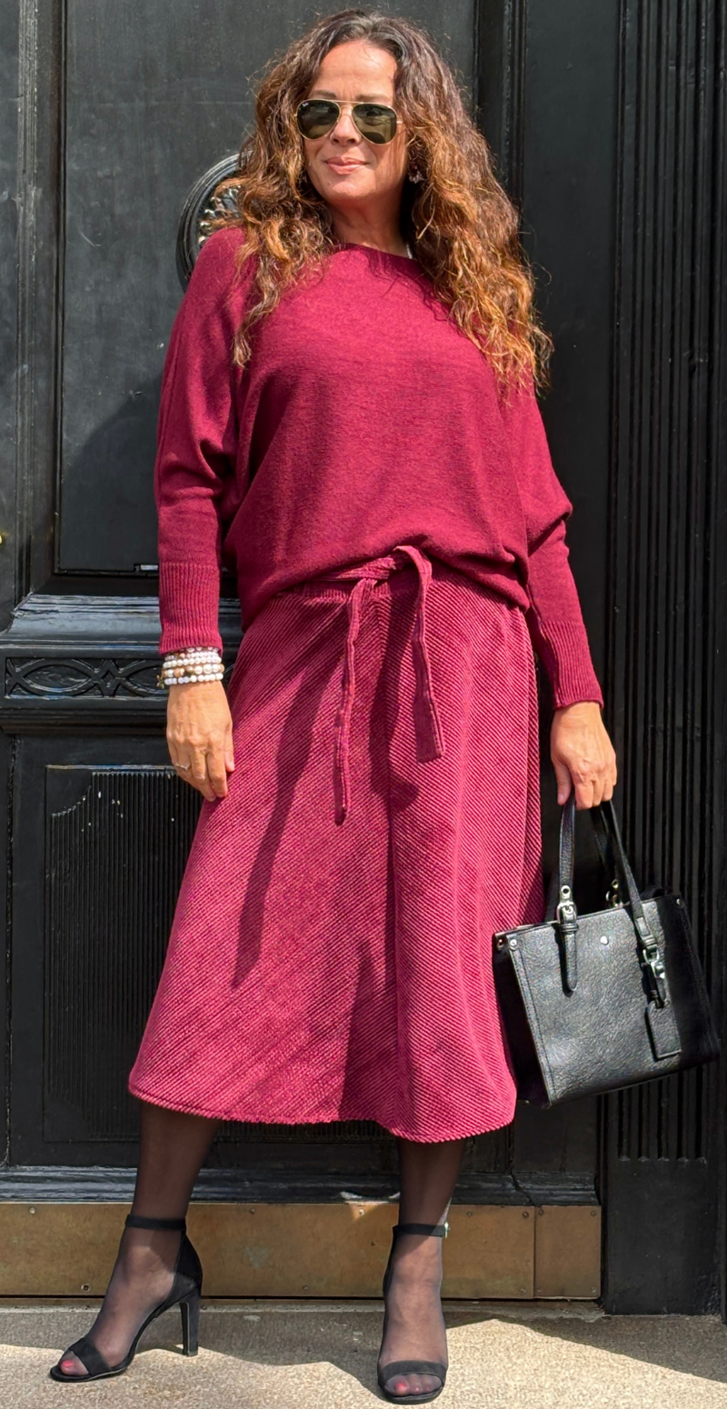 Amalie fløjlsnederdel med bindebånd i taljen bordeaux LikeLondon