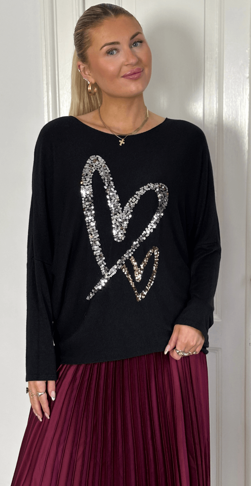 Madelene bluse med paillet hjerter sort LikeLondon