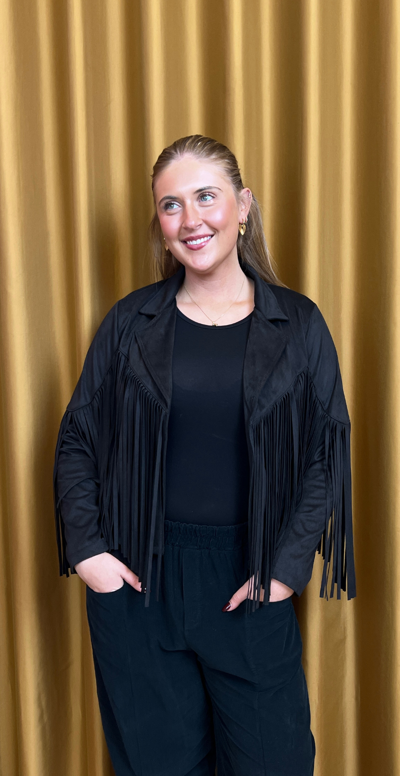 Billie ruskindsjakke med frynser sort LikeLondon