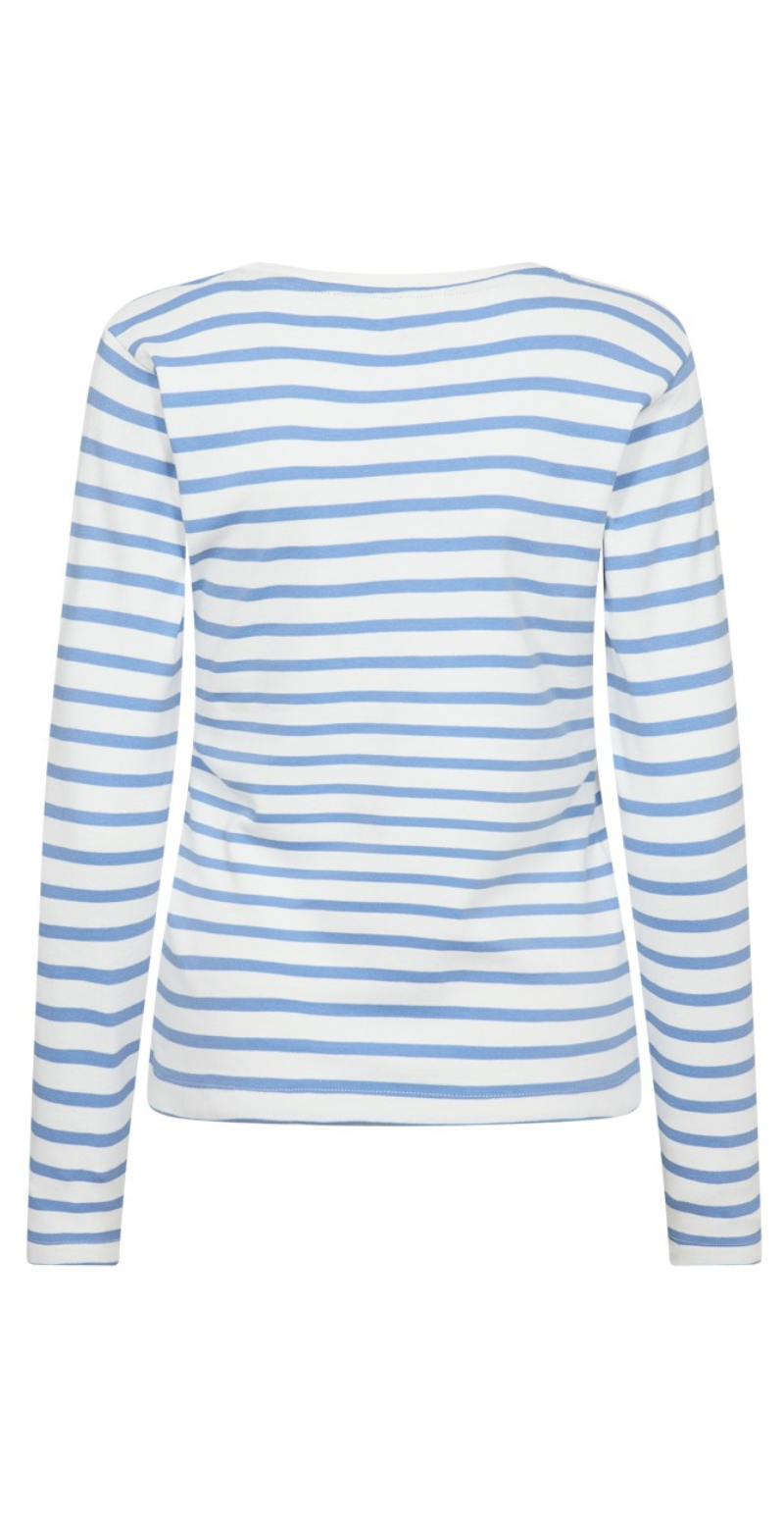 Famila bluse med striber og blomst off-white w. vista blue FreeQuent