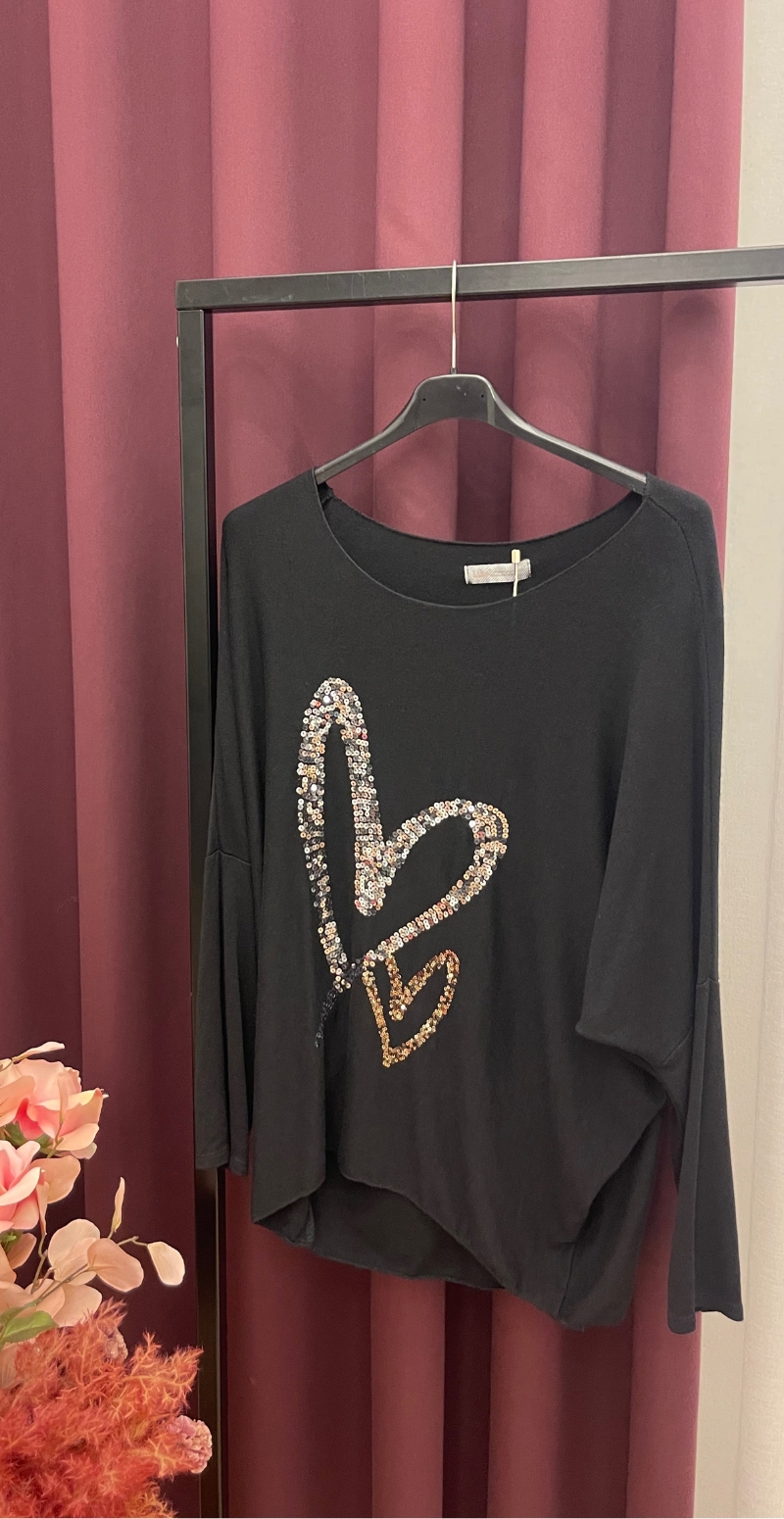 Madelene bluse med paillet hjerter sort LikeLondon