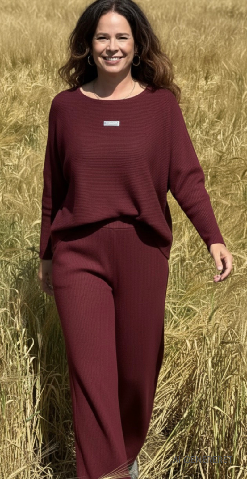 Tessie sæt med struktur og logo fortil bluse og bukser wine LikeLondon