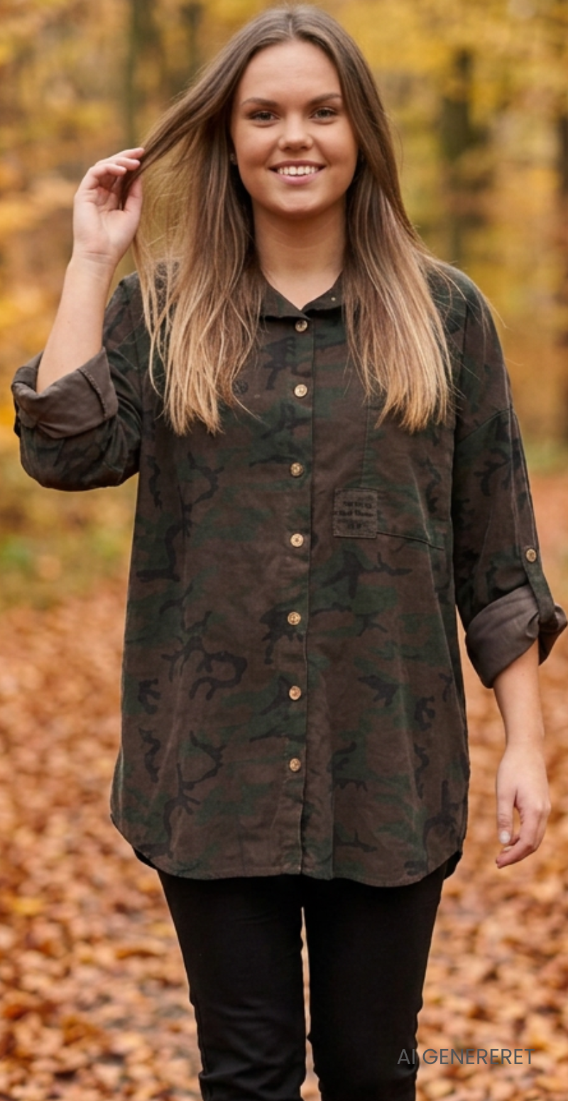 Venia fløjlsskjorte med lomme camouflage brun LikeLondon